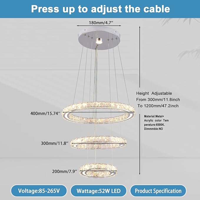 FRIXCHUR Crystal Chandelier LED Chandeliers Ceiling Light Fixture 3 Ring Adjustable Pendant Light Modern Chandelier for Bedrooms Living Room Dinning Room (Dimmable)