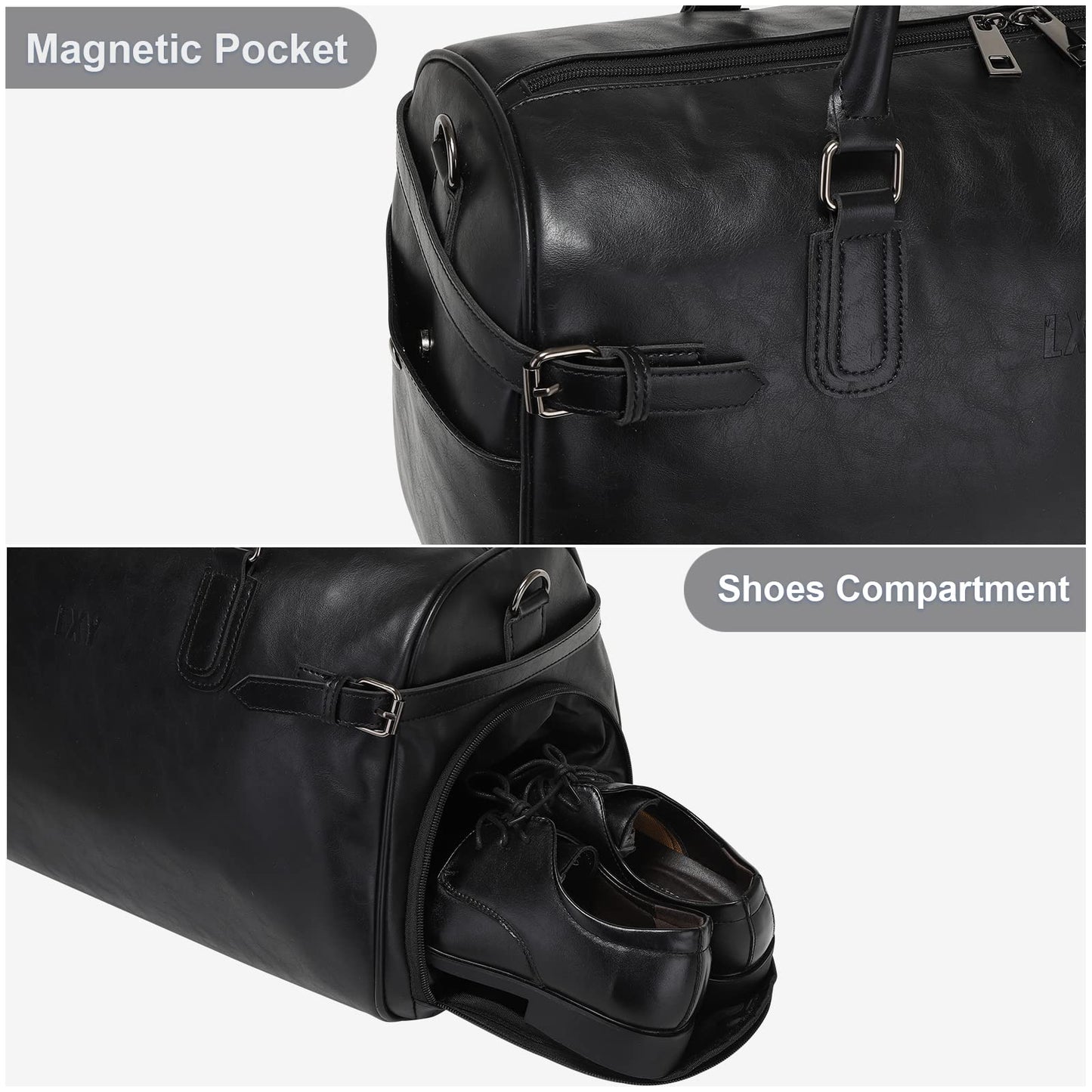 Vegan Leather Duffle Bag, LXY Travel Duffle Weekender Bag with Shoe Compartment, Duffel Overnight Gym Bags for Women Men Black