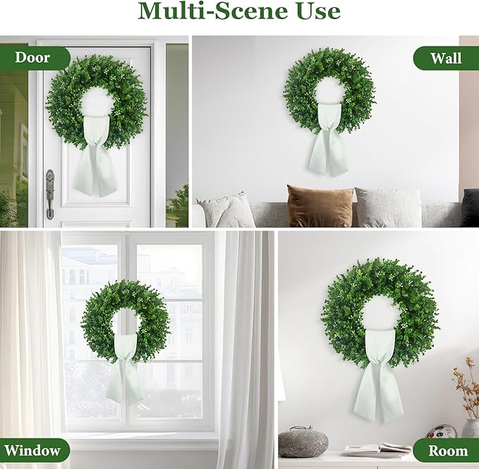 Boxwood Wreaths Front Door 22-24'', Artificial UV Resistant Boxwood Leaves with Flower Core, Greenery Wreath with a Sash for Farmhouse Home Outdoor Indoor Year Round Hanging Decor (Foldable)