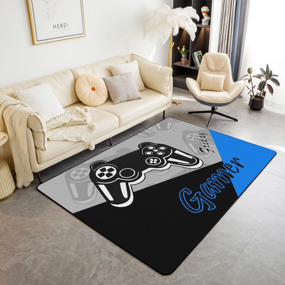 jejeloiu Gamer Area Rug 4x5 Gaming Rugs for Living Room Bedroom Game Room Decor Gamepad Blue and Black Accent Rug