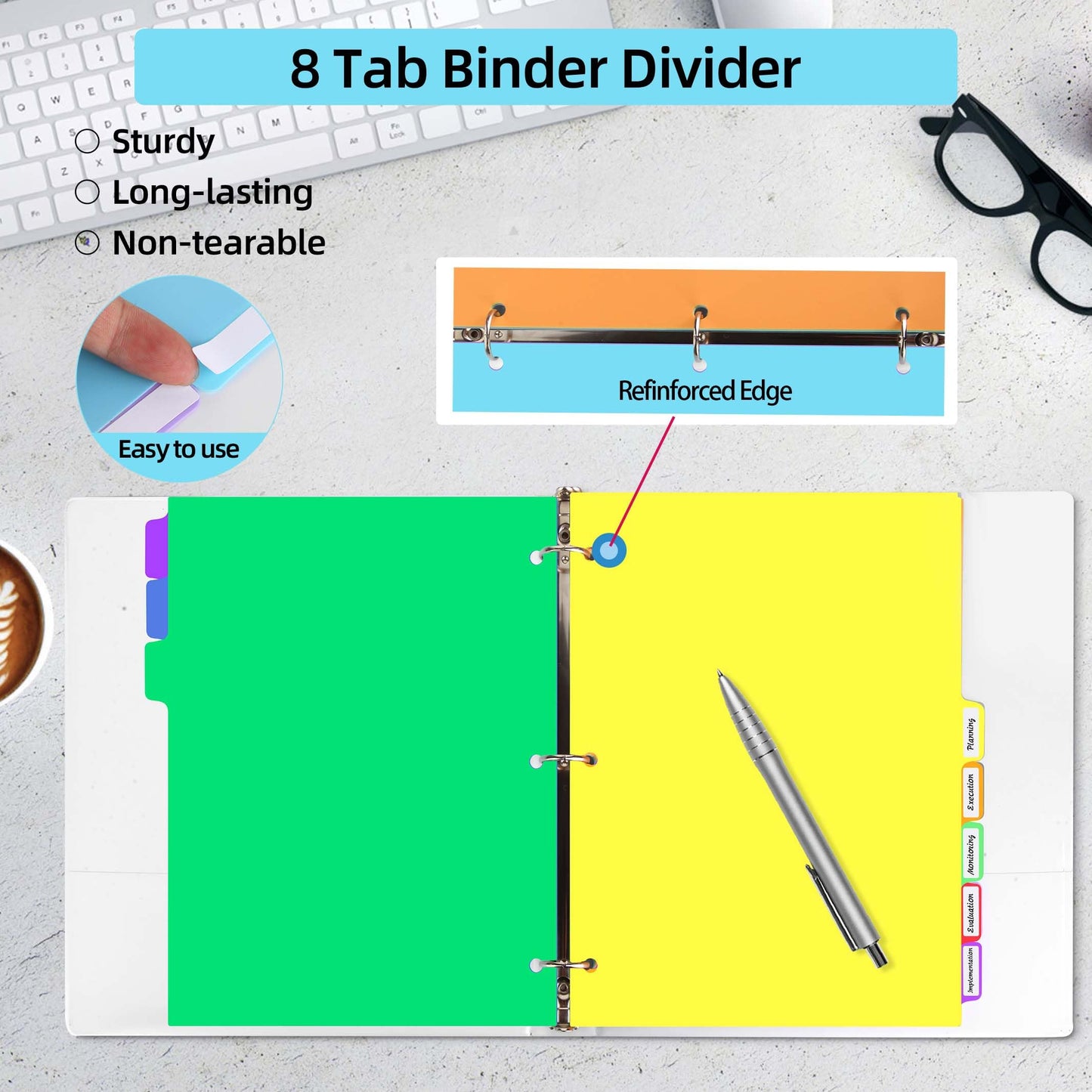 Binder Dividers for 3 Ring Binder,8 Tab Plastic File Dividers, Multicolor,Pack of 6sets(48 Dividers Total)