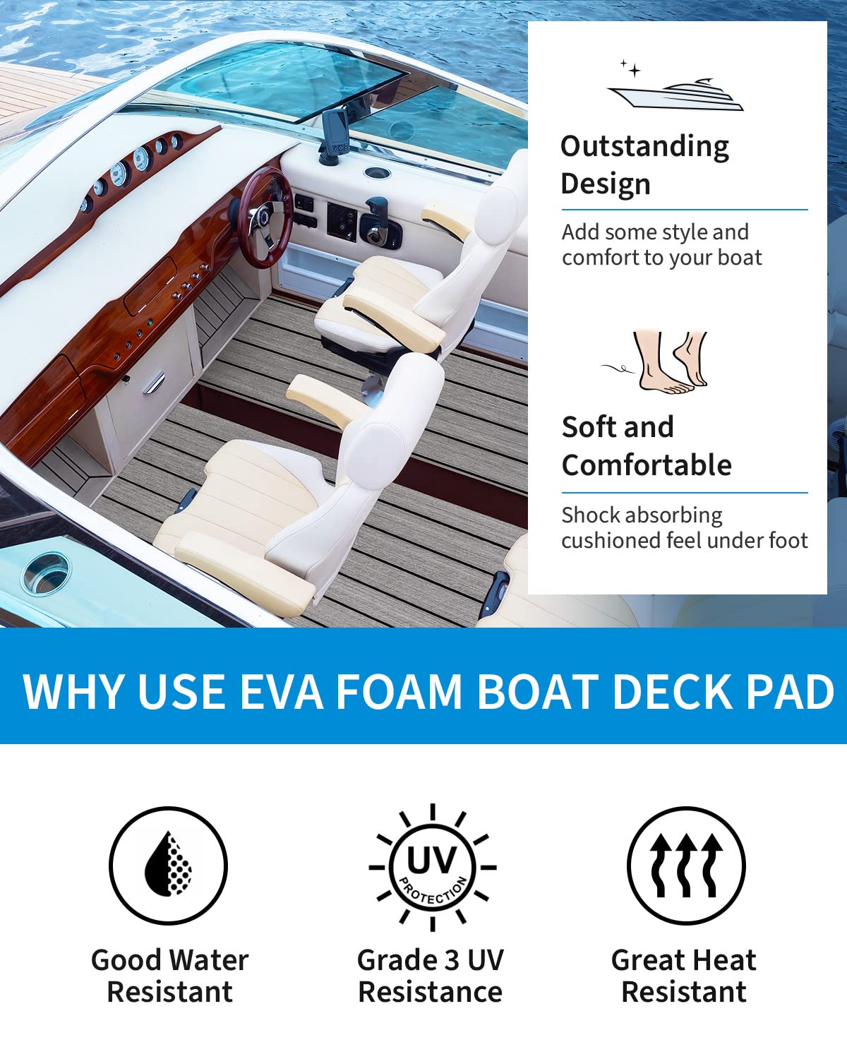 OCEANBROAD Self-Adhesive 48''x16.8'' Boat Flooring with 3M Adhesive Backing EVA Foam Boat Decking Faux Teak Marine Non-Slip Sheet for Jon Motor Boats Yacht Helm Pad Floor, Gray with Black Seam Lines