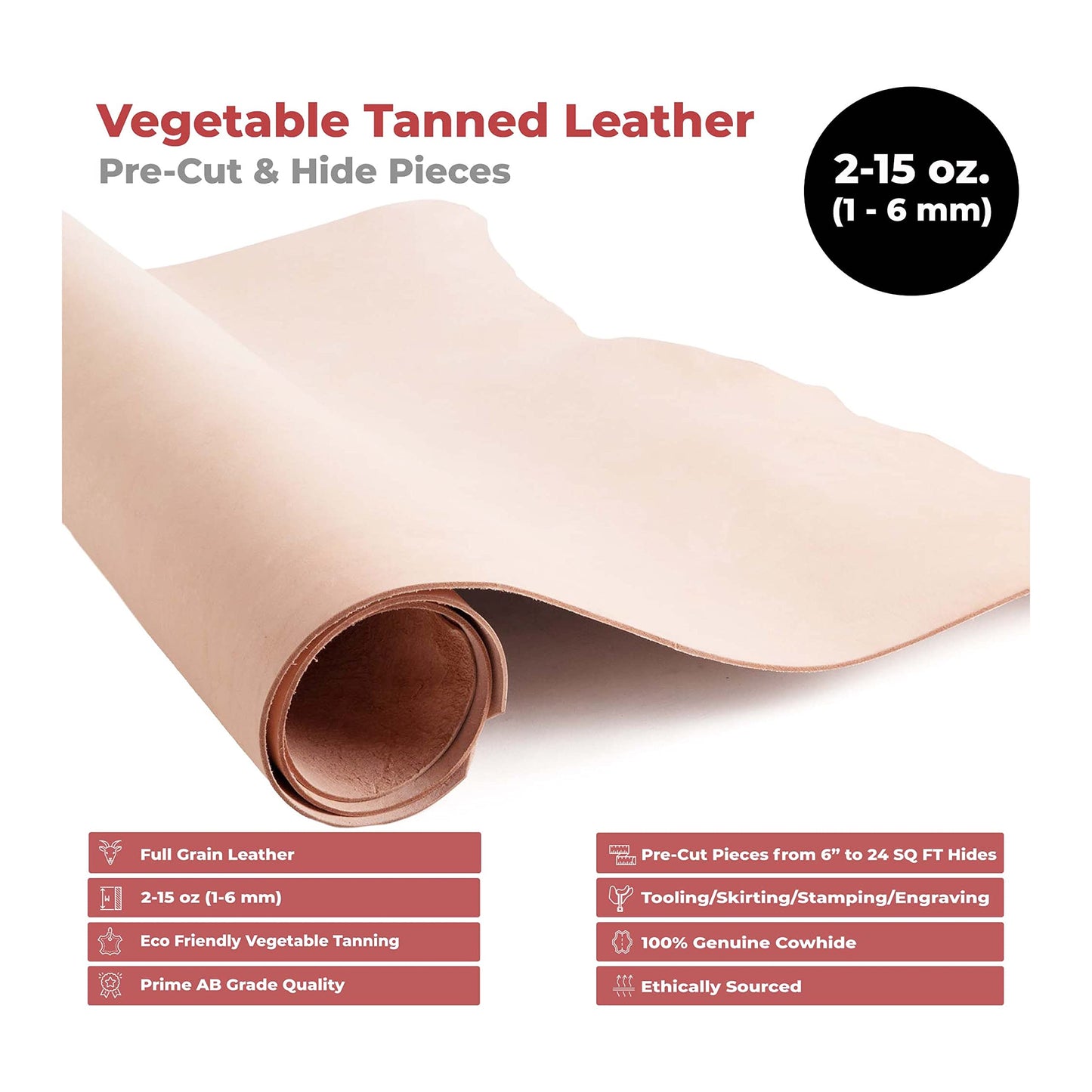 ELW 11-12 oz (4.4-4.8mm) Thickness Weight 8"x8" Vegetable Tanned Leather Cowhide Grade AB Full Grain Leather for Tooling, Carving, Engraving, Molding, Embossing, Stamping, & Dyeing