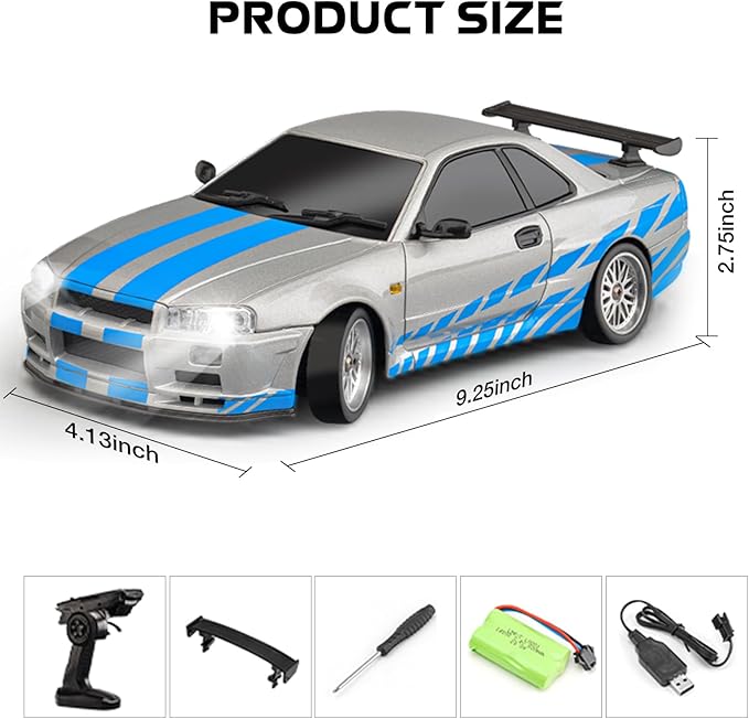 ARRIS LD1899 1/18 RC Drift Car GTR R34 2.4GHz RWD with Gyroscope on-Road Alloy Body Shell Racing Cars Radio Control Silver