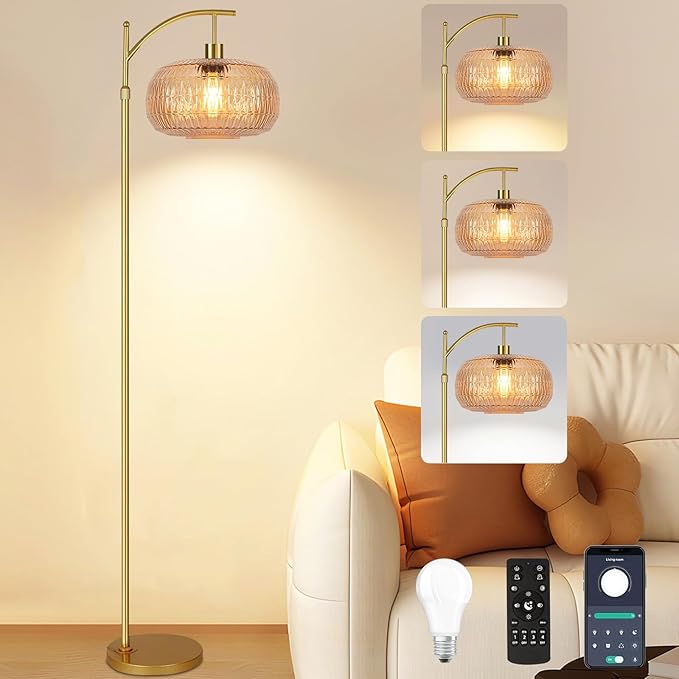 Glass Floor Lamp for Living Room,Bedroom,Gold Mid Century Modern Standing Lamp with Remote,Dimmable Brass Tall Lamp Amber Lamp Vintage Retro Arc Floor Lamps Floor Light Boho Bohemian