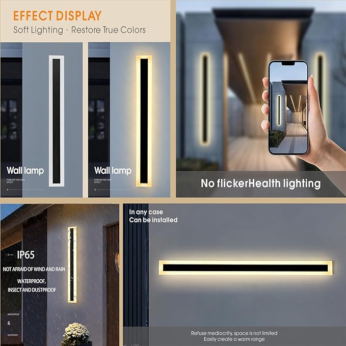 2Pack-31.5INCH Long Outdoor LED Wall Lights,24W Waterproof IP65 Warm White 120V LED Wall Mount Light Fixture Acrylic Black Exterior Wall Lights for House Courtyard Balcony Porch