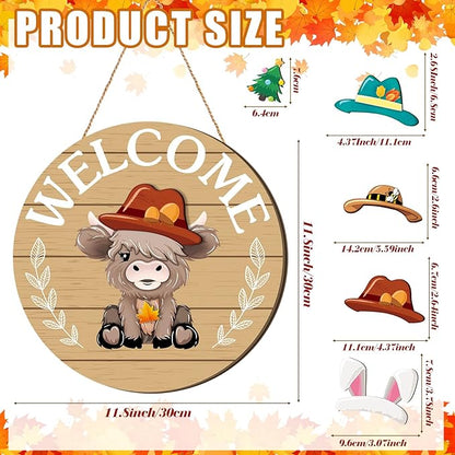 35 Pcs Christmas Interchangeable Highland Cow Welcome Sign Highland Cow Seasonal Wooden Hanging Door Decor Thanksgiving Farmhouse Hanging Sign for Front Door Xmas Party Decoration Gift(Brown)