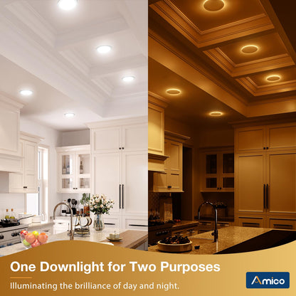 Amico 12 Pack 6 Inch 5CCT LED Recessed Ceiling Light with Night Light, 2700K/3000K/3500K/4000K/5000K Selectable Ultra-Thin Lighting, 12W=110W, 1100LM, Dimmable Canless Wafer Downlight ETL&FCC