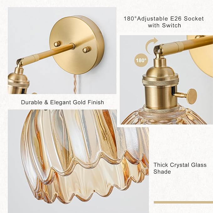Plug in Wall Sconces Set of 2, Vintage Wall Sconce Light with Tulip Amber Glass Lampshade, 180° Adjustable Wall Sconce with Switch and Plug in Wall Lamp Cord, Gold Wall Light Decor Set of 2