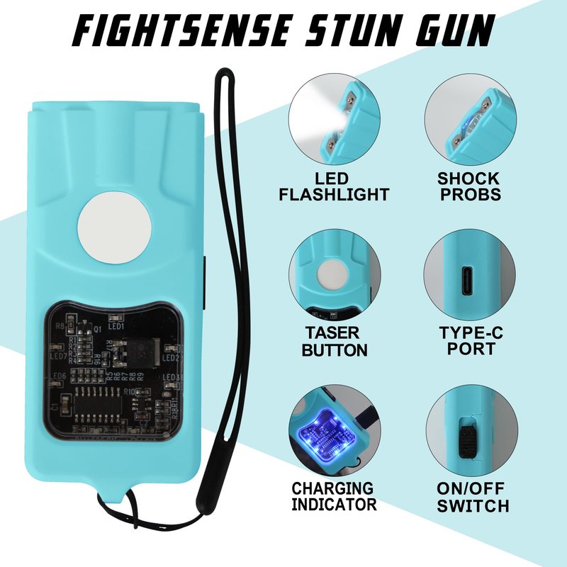 FIGHTSENSE Flashlight Stun Gun for Self Defense – Rechargeable Stun Gun for Women – Compact & Powerful Self Defense Flashlight (Cyan)