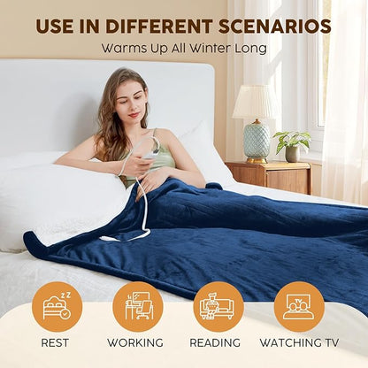 HYLEORY Heated Electric Blanket Full 72"x84" Soft Fleece & Flannel with 5 Heating Levels & 10 Hours Timer Auto Shutt Off, ETL Certified, Washable，Heated Blanket for Body-Navy
