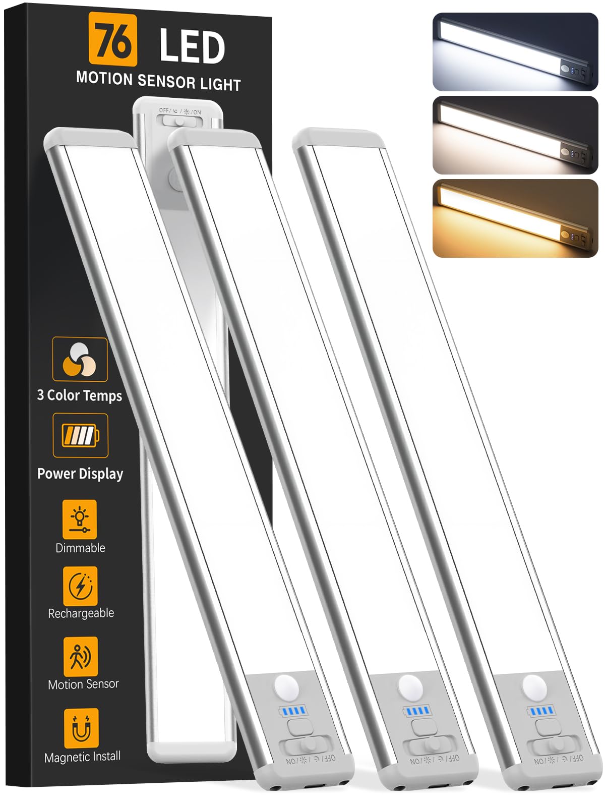 Under Cabinet Lighting Wireless, Rechargeable 10inch Motion Sensor Light Indoor, 3 Color Closet Light Battery Operated with LED Power Display, Magnetic Under Counter Lights for Kitchen, Home (3Pack)