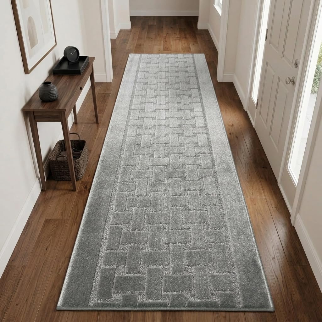 Runner Rug 12 ft, Non-Slip Washable Rug, Grey Textured Carpet for Kitchen Hallway Entryway, Rubber Backing, Indoor, Rolled in Box (26" x 12'), Custom Size Floor Runner