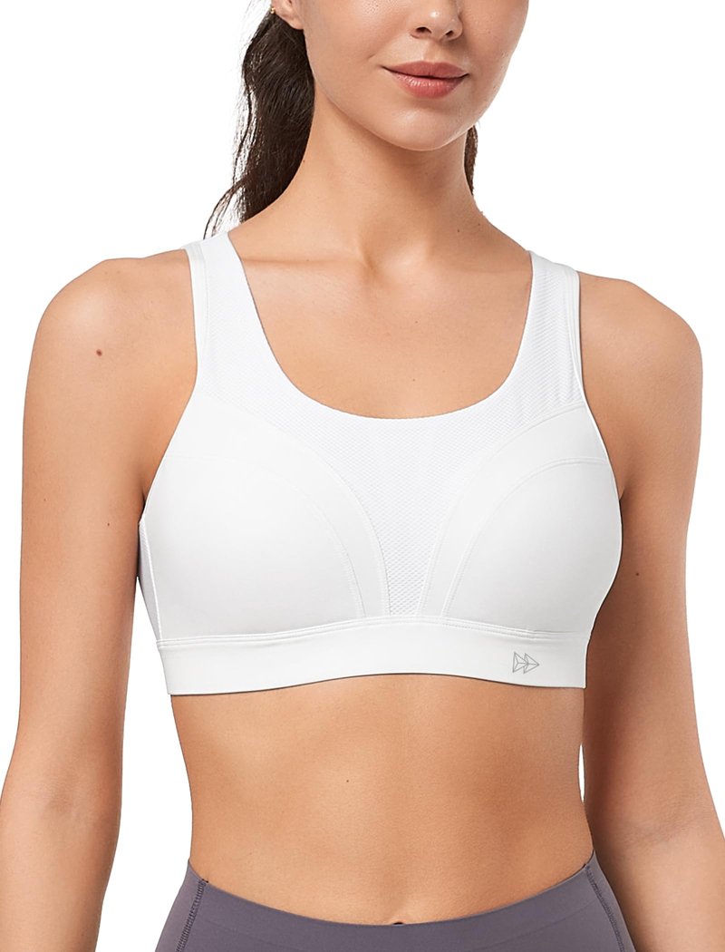 Yvette Supportive Adjustable Sports Bras for Women High Impact Support, Sewn-in Molded Cup Running Bra Large Bust No Bounce, Wireless Comfortable Workout HIIT with Hook & Eye Closure,White, M+