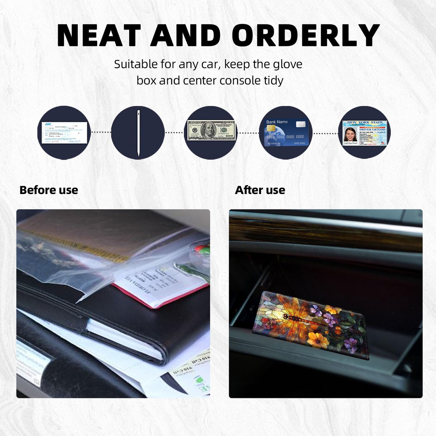 FXIANGWL Car Registration and Insurance Holder - RFID Blocking PU Leather Vehicle Document Organizer with Reinforced Stitched Edges, Slim Glove Box Wallet for Men Women, Dragonfly Stained Glass