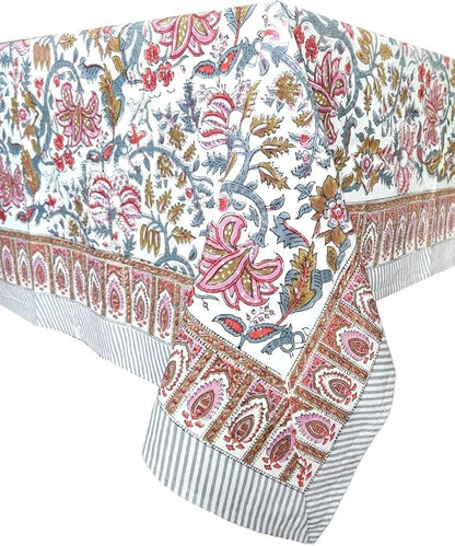 ATOSII Eden 100% Cotton Tablecloth, Handblock Floral Print Rectangle Linen for Kitchen Dining I Parties Wedding Christmas Thanksgiving Outdoors I Spring Summer 60 X 90 Inches I 6 Seater Table