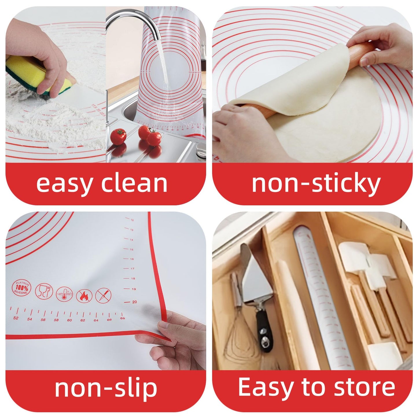 Dough Mat Pastry Silicone Baking Mats 32x24" Red for Rolling Dough Kneading Sheet Sourdough Bread Baking Supplies