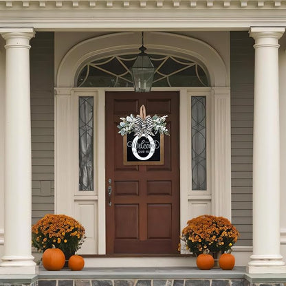 Ultra Large 14'' Last Name All Year Round Front Door Wreath with 26 Initial Letter Welcome Sign All Seasons Eucalyptus Garland and Bow Wreaths for Front Door Porch Farmhouse Decoration (O)