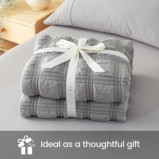 Cozy Bliss Cooling Comforter Full Size Seersucker Plaid, Q-Max 0.4 Reversible Lightweight Cooling Blanket, Breathable Silk Smooth Summer Bedding Quilt for Hot Sleepers Night Sweats Dark Grey
