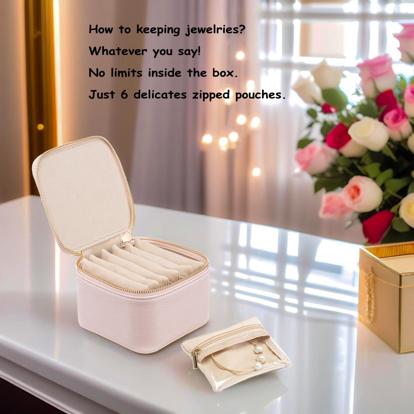VLANDO Travel Jewelry Box Organizer – Portable PU Leather Jewelry Case with 6/8/12 Zippered Pouches, Compact Storage for Earrings Rings Necklaces Bracelets, Rosy Mauve