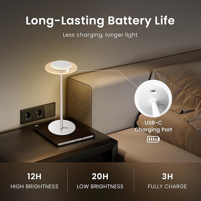 LOFTEK Cordless Table Lamps Set of 2, Rechargeable Table Lamp, Up to 55 Hrs Ultra-Long Battery Life, Eye-Friendly, Touch Dimming, Portable Wireless Ambient Lighting (Pure White, 2 Pack)