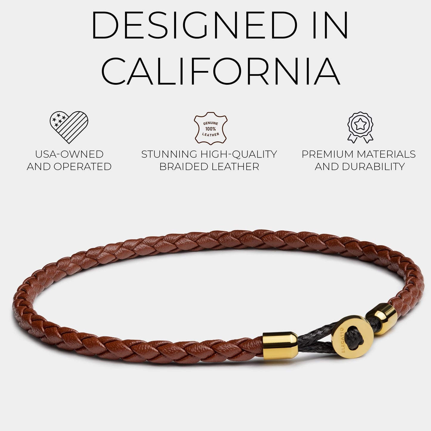 Elegatto Uno Premium Braided Leather Bracelet for Men | Full-Grain Leather with 18k Gold-Plated Stainless Steel Closure | Men’s Designer Bracelets | Brown Gold Small