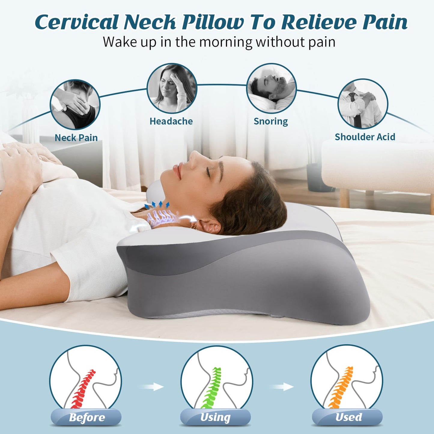 Cervical Neck Pillow - Cooling Pillow for Neck Pain Relief, Ergonomic Side Sleeper Pillow for Sleeping, Contour Memory Foam Pillows for Neck Support, Orthopedic Bed Pillow for Back Stomach Sleepers
