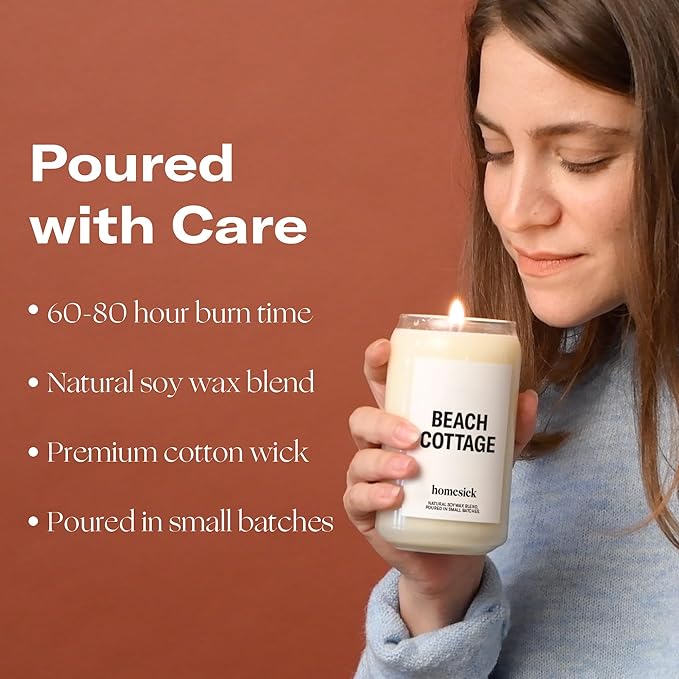 Homesick Scented Candles for Home (Beach Cottage) - Long-Lasting Natural Soy Wax Blend Jar Candle Gifts for Women & Men, 60-80 Hours Burn Time - Notes of Bergamot & Sandalwood