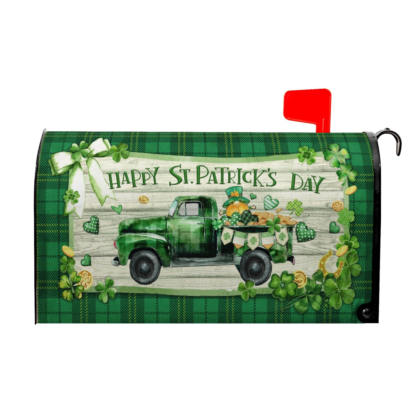 VentuCoven St Patricks Mailbox Covers Magnetic - Truck Mailbox Cover - for Garden Farmhouse Decor - Standard Size 21x18 in - Clover Buffalo Plaid Green