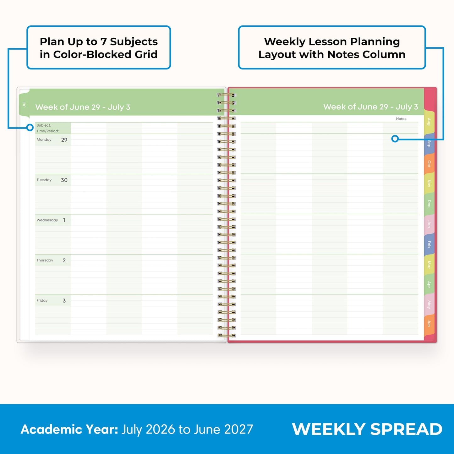 Blue Sky Teachwell 2026-2027 Weekly and Monthly Academic Year Teacher Lesson Planner Calendar, July 2026 - June 2027, 8.5" x 11", Flexible Cover, Heavy Duty Coil Binding, Colorful Interior, Laminated Tabs, Storage Pocket, Includes Stickers, Meilani