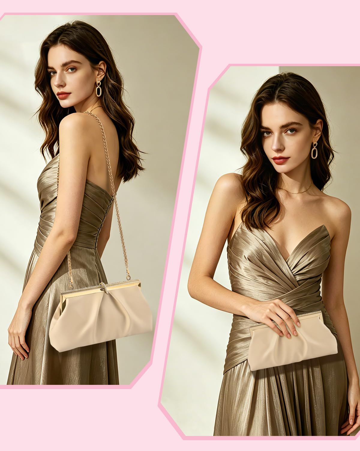 TINDTOP Clutch Purses for Women, PU Leather Formal Evening Bags Shoulder Party Handbags Wedding Cocktail Prom Clutches (A-Nude)