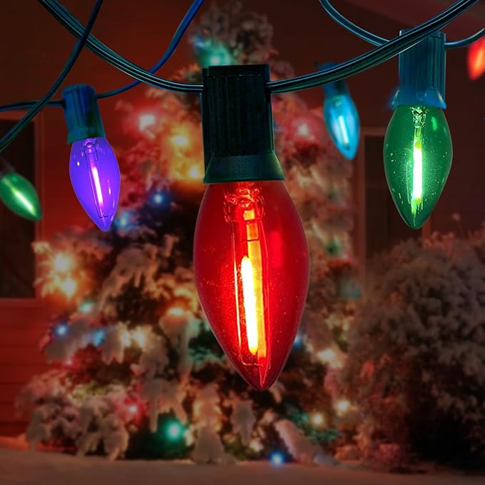 C9 Christmas Lights Outdoor, 25FT Waterproof Multicolor LED String Lights for Roofline Xmas Tree Patio Holiday Party Decor - UL Listed, Commercial Grade, Green Wire