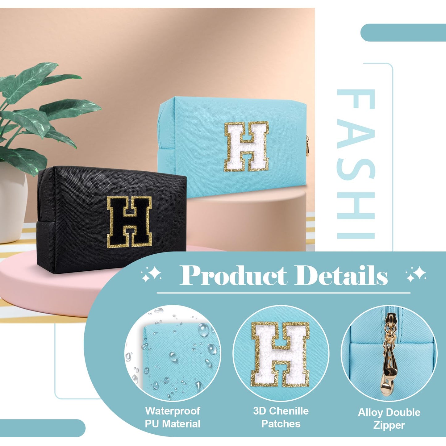 Small Personalized Initial A-Z Preppy Patch Makeup Bag,PU Chenille Letter Travel Cosmetic Pouch with Zipper,Blue Cute Toiletry Bag,Gift Ideal for Teen Girls Women Teacher Bridesmaid,Letter H