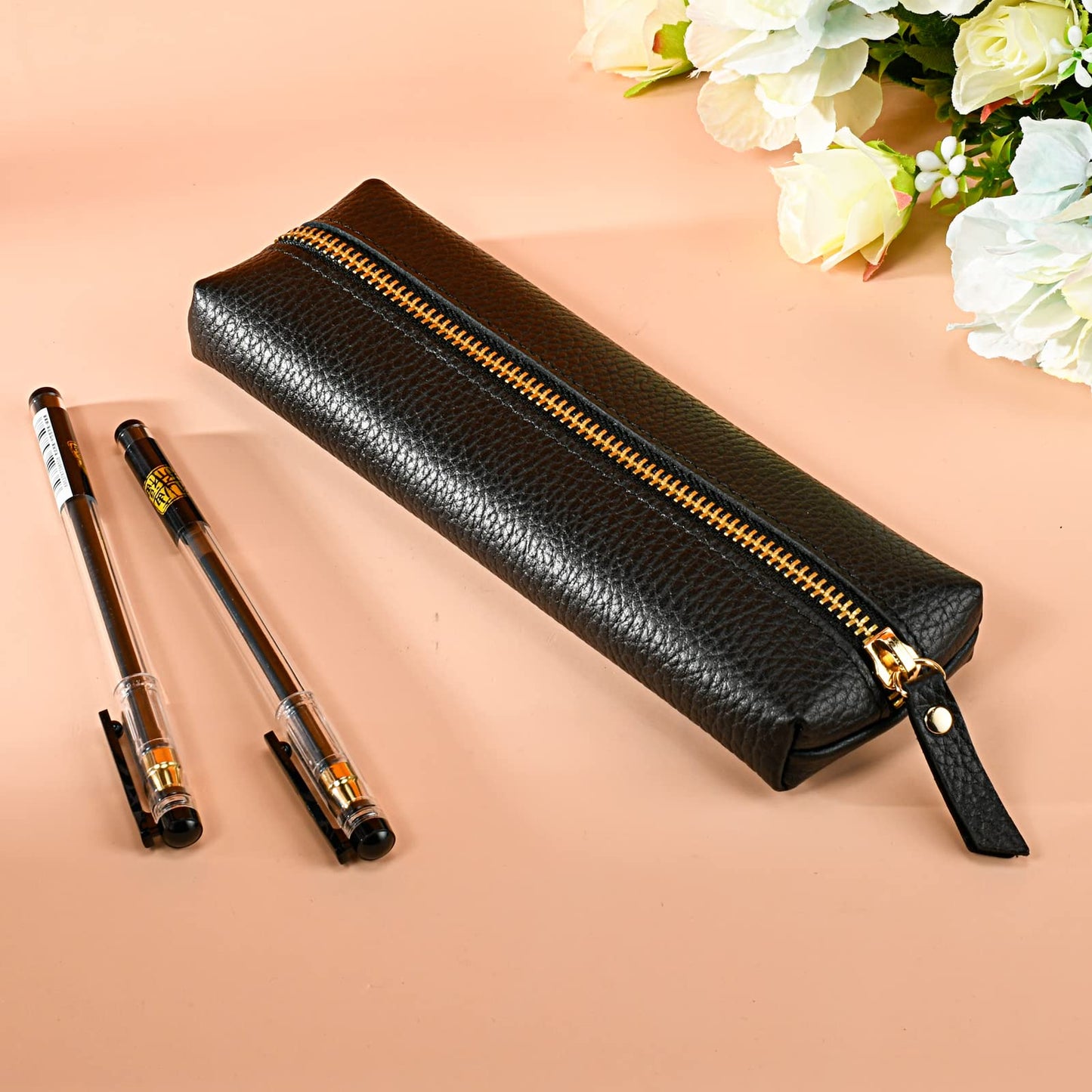 Sluxa Genuine leather pen case, Cowhide pencil pouch with zipper, Soft black pen bag for adults.