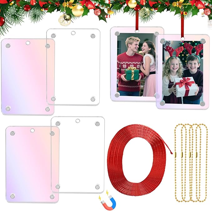 Christmas Photo Ornament Set of 4, 2x3'' Iridescent Acrylic Hanging Picture Frame for Family Photo, Christmas Tree, Holiday Decoration, Multifunctional Magnetic Picture Frames for Car and Fridge Decor