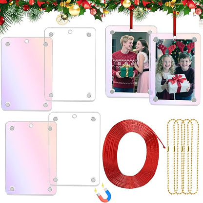 Christmas Photo Ornament Set of 4, 2x3'' Iridescent Acrylic Hanging Picture Frame for Family Photo, Christmas Tree, Holiday Decoration, Multifunctional Magnetic Picture Frames for Car and Fridge Decor