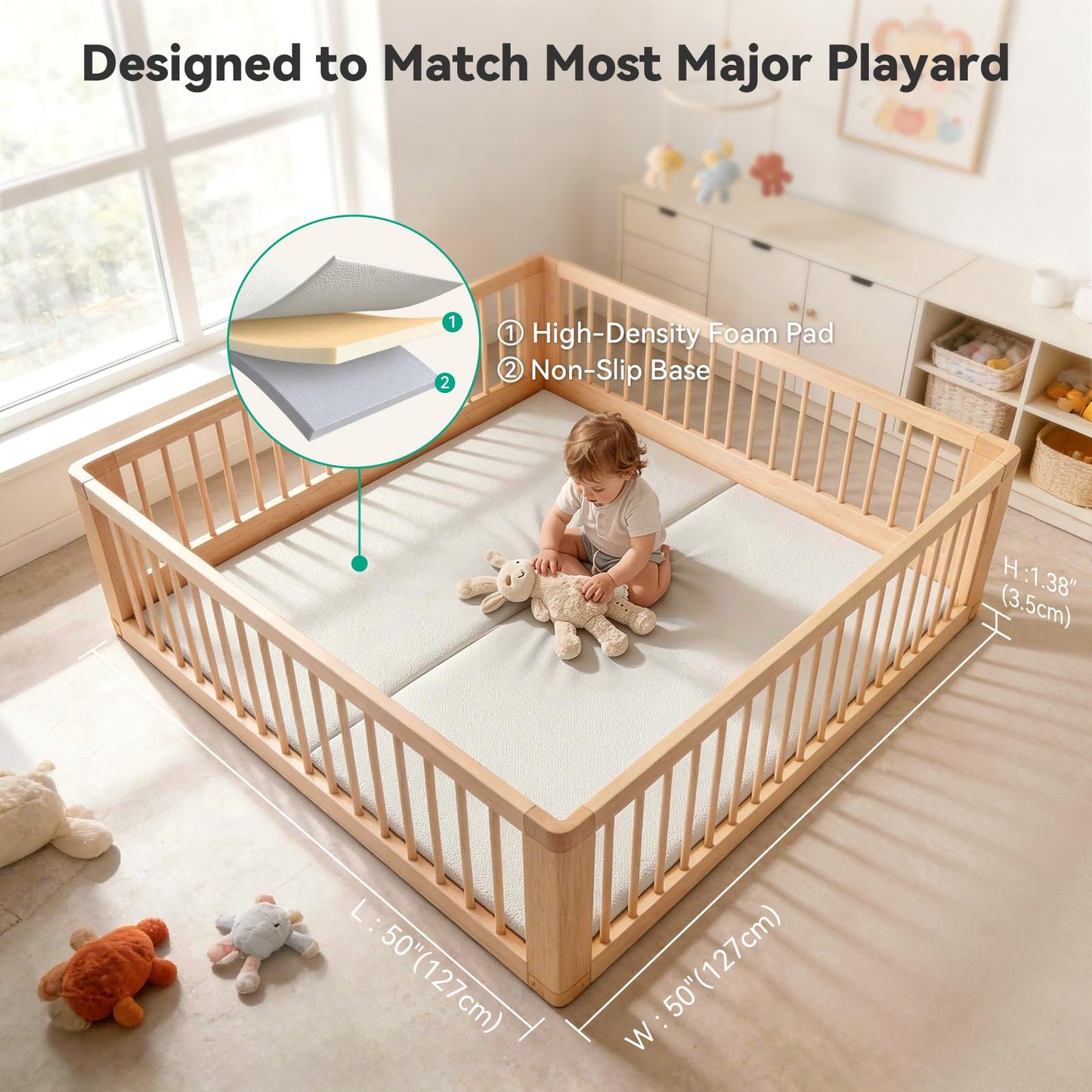 Baby Play Mat 50x50 inch, Extra Thick 1.3‘’ Waterproof Floor Mat for Crawling, Non-Toxic Large Activity Mat with Machine Washable Cover for Toddlers Infants Boys Girls