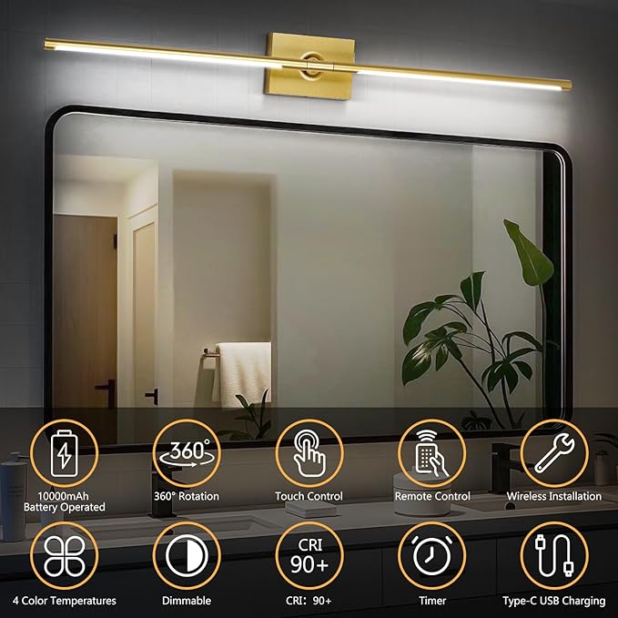 Eneru Battery Operated Wall Sconce Lights - 10000mAh Rechargeable Wireless Wall Sconces Set of Two with Touch and Remote, 360° Rotate, 4 Colors LED Wall Lamp for Living Room Bedroom Hallway (Gold)