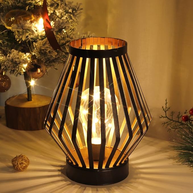 JHY DESIGN 8.5“H Metal Cage LED Lantern Battery Powered Cordless Accent Light with LED Edison Style Bulb Great for Weddings Parties Patio Events Gifts for Indoors Outdoors