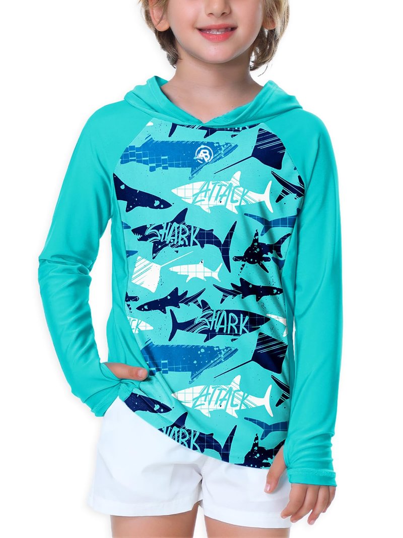 Kids Hooded Swim Top Boys Shark Print Sun Shirt Rash Guard Uv Protection Athletic SPF Shirts Aqua 7-8 Years