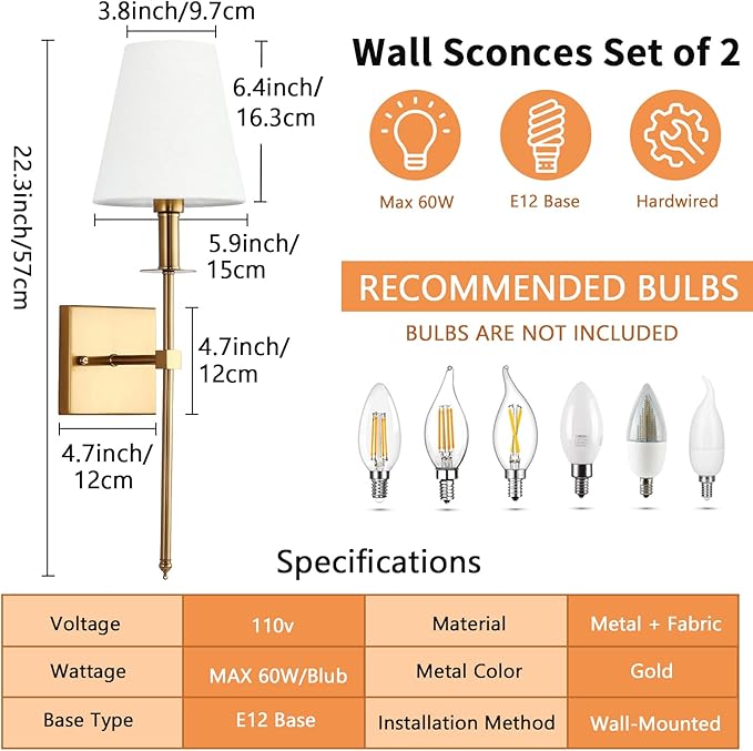 TISLYCO Gold Wall Sconce, Brass Sconces Set of 2, Antique Brass Wall Lamp, Sconces Wall Decor Set of 2, Wall Light with Fabric Shade for Bedroom, Living Room, Dinning Room, Hallway