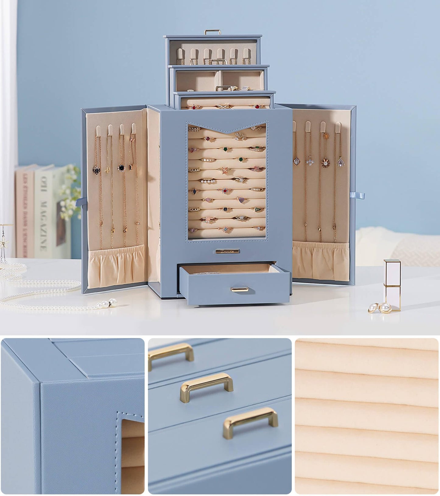 Homde Jewelry Organizer with Transparent Window Necklace Hooks Gift for Women Jewelry Box Display Case for Necklaces Rings Earrings Bracelets and Other Accessories (Grey Blue)