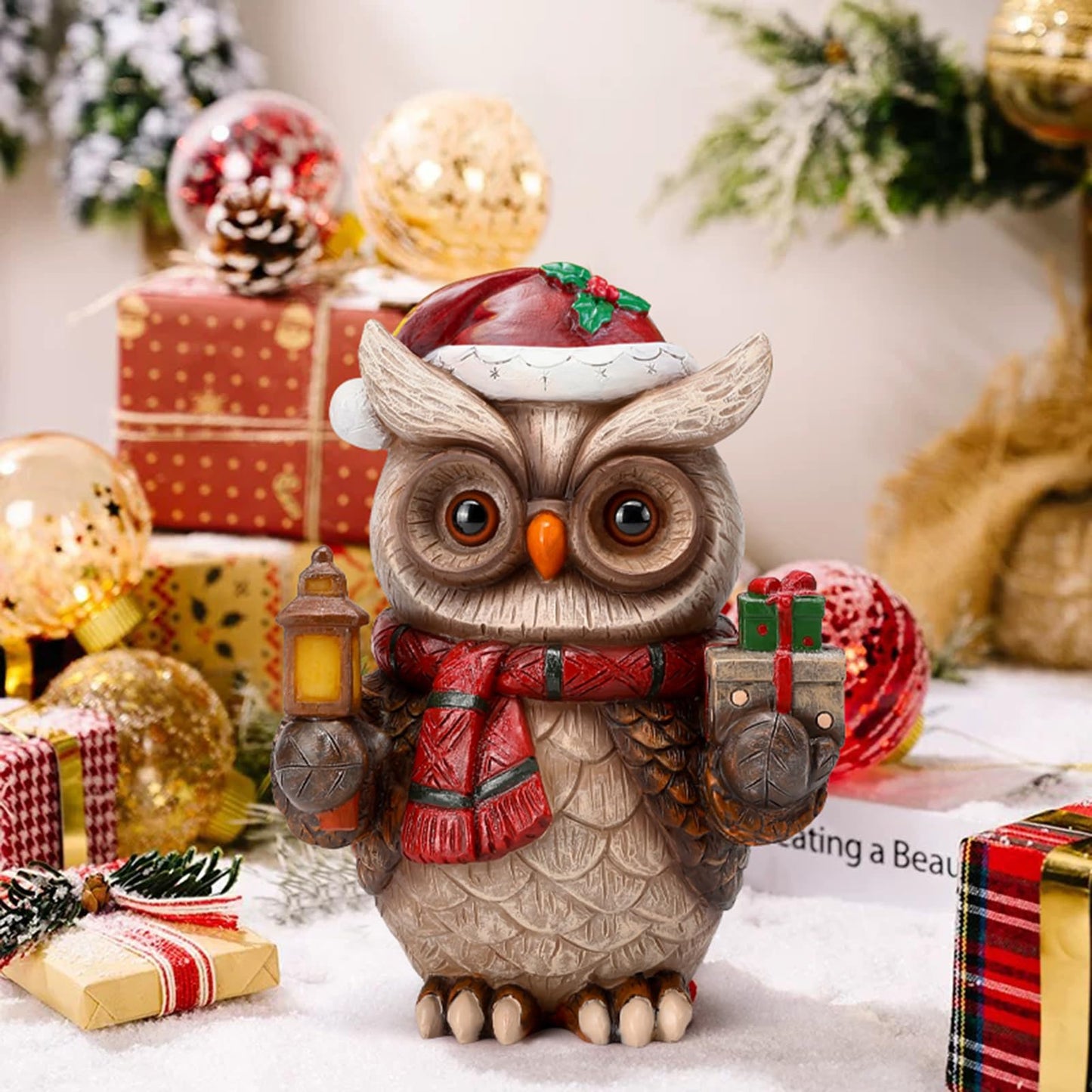 WONDHOME Solar Christmas Owl Decoration Resin Owl Outdoor Statue with LED Lantern for Porch Garden Patio Yard Home Decor Christmas Housewarming Gifts for Women Mom