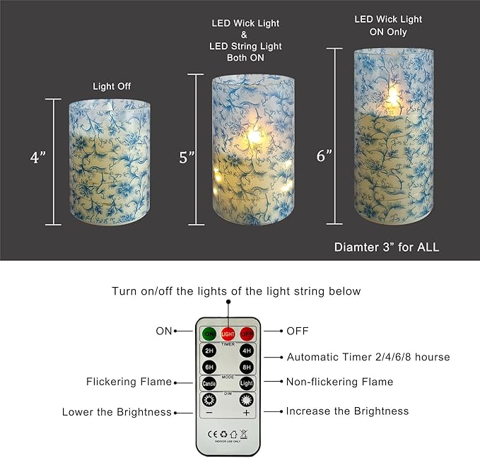 Flameless Candles with String Lights - Set of 3 Printed Remote Battery Operated Candle Flickering Floral LED Pillar Candles with Timer for Home Decor Romantic Ambiance,BL