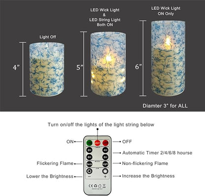 Flameless Candles with String Lights - Set of 3 Printed Remote Battery Operated Candle Flickering Floral LED Pillar Candles with Timer for Home Decor Romantic Ambiance,BL
