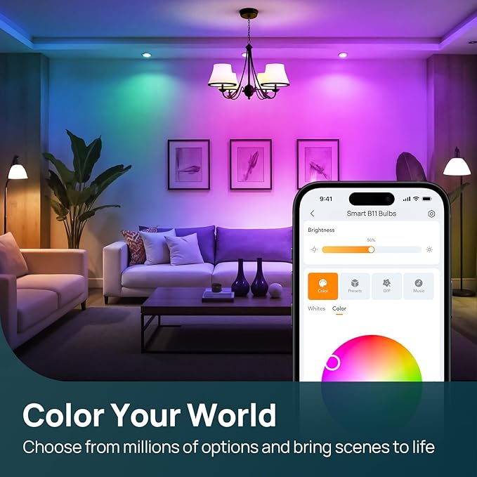 Linkind Matter Smart Bulbs, E12 Led Bulb Works with Alexa/Apple Home/Google Home, Smart Light Bulbs, WiFi Candelabra B11 Bulbs, RGBTW Color Changing Light Bulb, 2.4Ghz WiFi Bulb, 470 LM 4 Pack