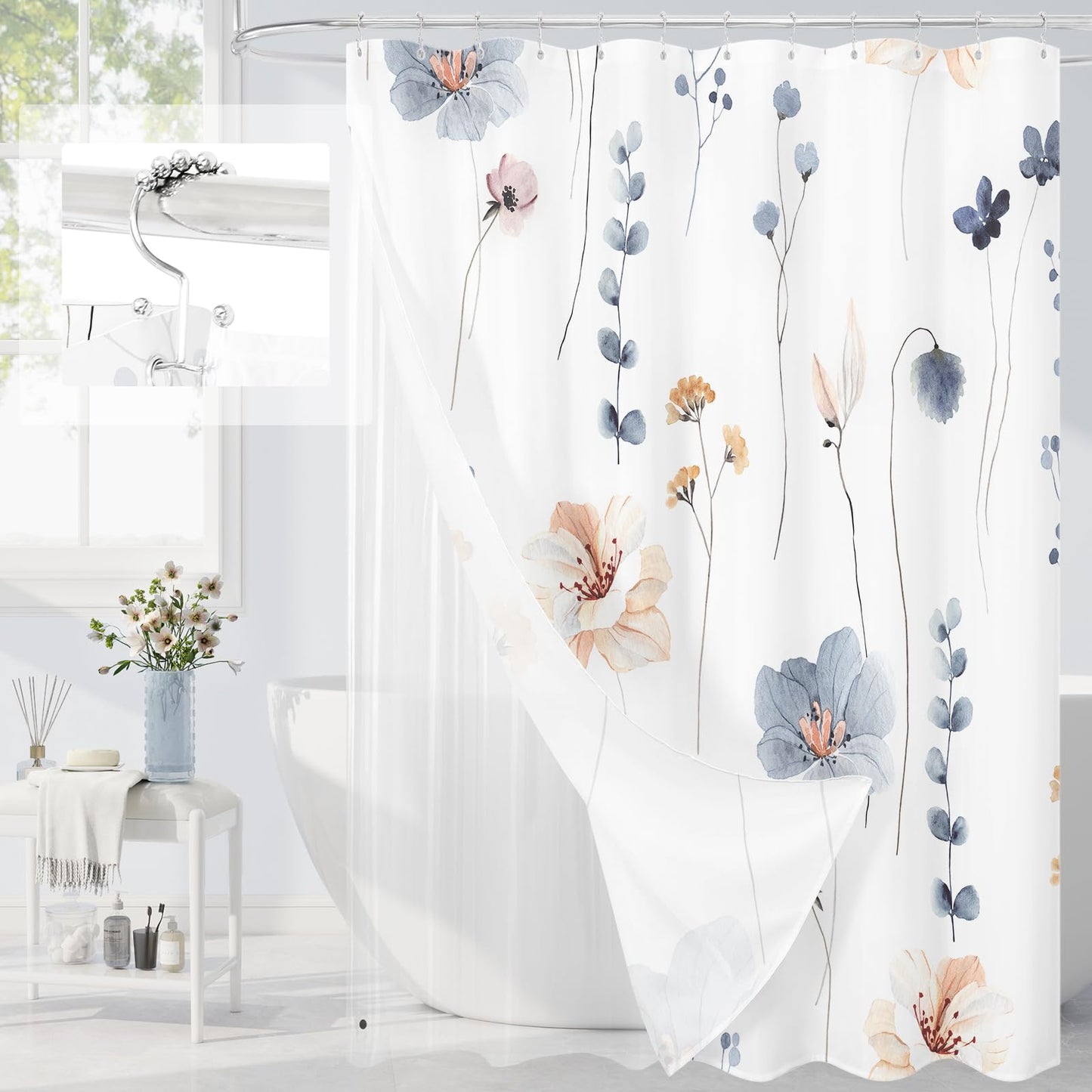 Gibelle Floral Bath Mat Rug (17"x24", Blue), 3 in 1 Shower Curtain Set, Blue Watercolor Floral Bath Curtain 72x72 and PEVA Liner Set with 12 Double Sided Steel Hooks