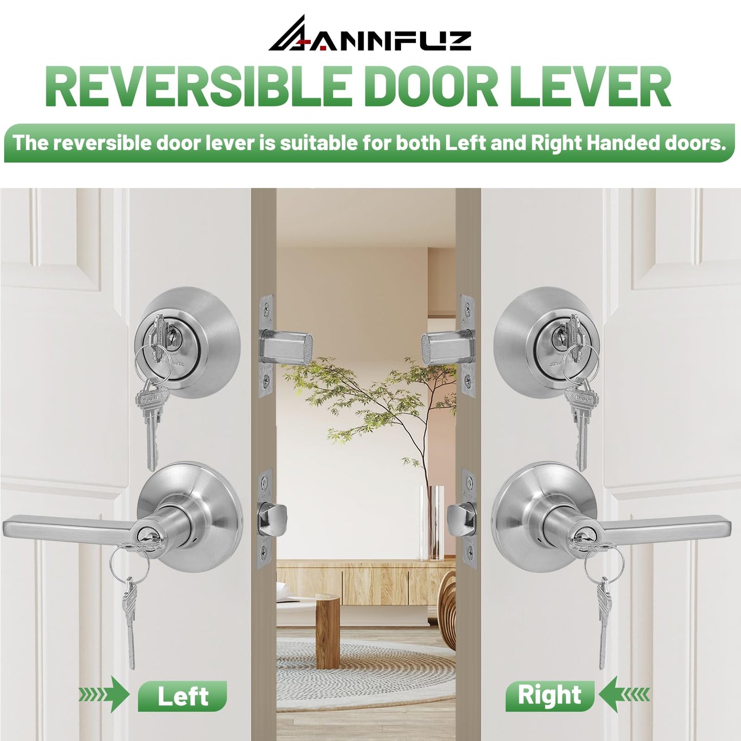 ANNFUZ Keyed Alike(Same Keys) Front/Exterior Door Lever Knob with Single Cylinder Deadbolt Combo Lockset, Entry Door Handle with Lock & Key, Round Locking Deadbolt for Interior Bedroom,Brushed Nickel