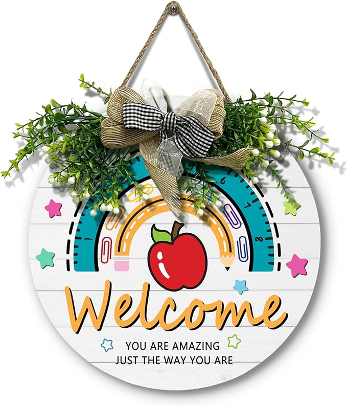 Welcome Classroom Teacher Door Sign Wooden Welcome Sign for Classroom Door Creative Rainbow Hanging Plaque Apple Pencil Star Classroom Wreath Inspirational Wall Art Kids Decor Gift 12 inch
