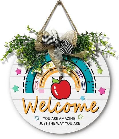 Welcome Classroom Teacher Door Sign Wooden Welcome Sign for Classroom Door Creative Rainbow Hanging Plaque Apple Pencil Star Classroom Wreath Inspirational Wall Art Kids Decor Gift 12 inch